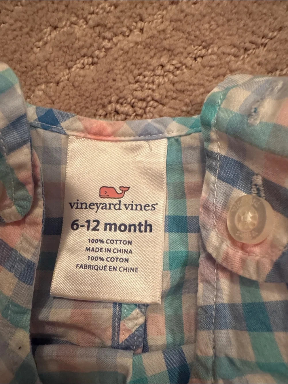 Vineyard Vines Boys Plaid Whale Romper - Light Blue, Pink, White